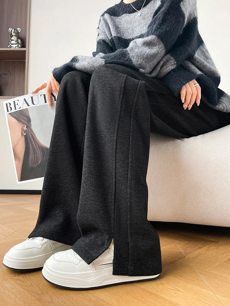 Y2K Wide Leg Pants Fleece Loose Straight Leg Trousers Narrow Fit Autumn Winter Casual Warm