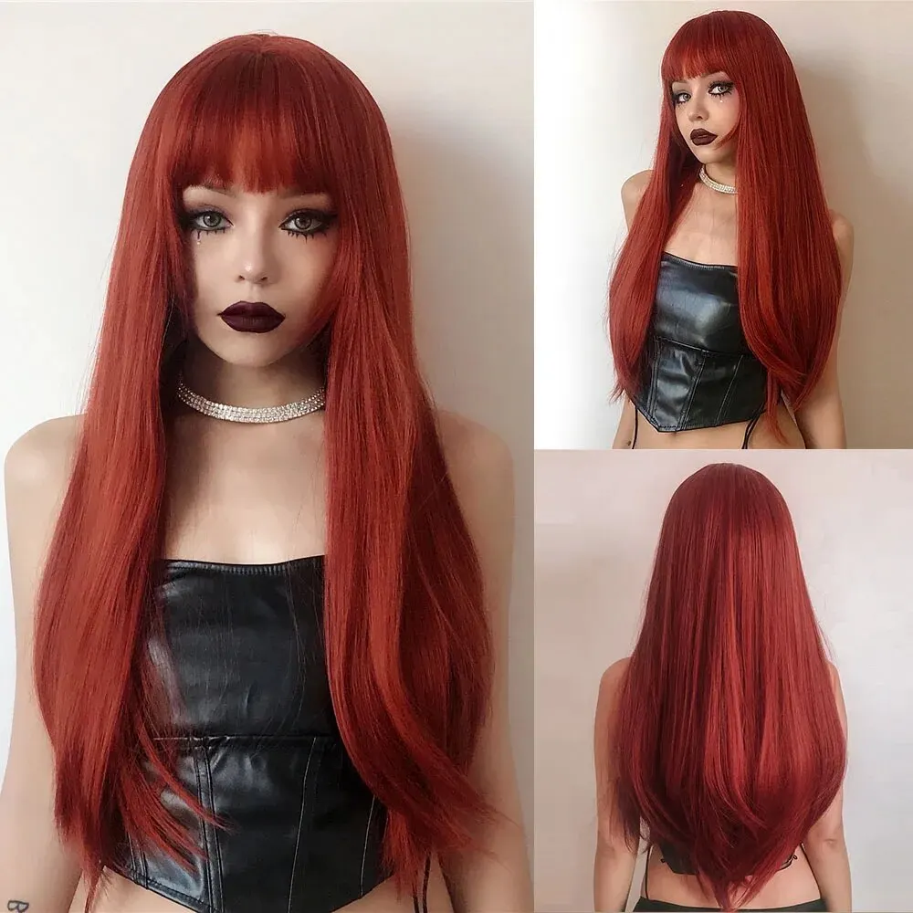 Orange Red Wigs For Women Long Straight Red Wig With Flat Bangs For Daily Costume Use Heat Resistant Natural Looking Fiber Wig