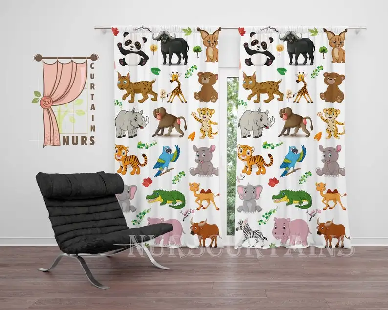 Cute Animals Pattern Curtain, Kids Room Curtain, Nursery Activity Curtain, Fun Educational Curtain, Blackout Curtain