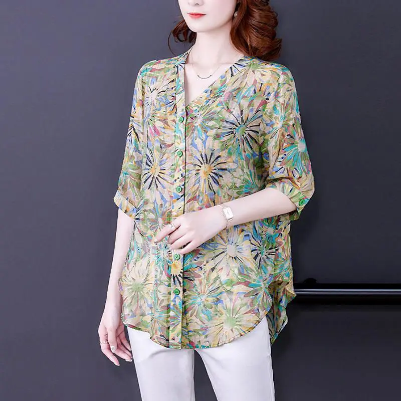 Women Trendy Rhinestone Floral Print Vintage Blouse Summer V Neck Short Sleeve Loose Button Up Shirt Casual Irregular Top Female