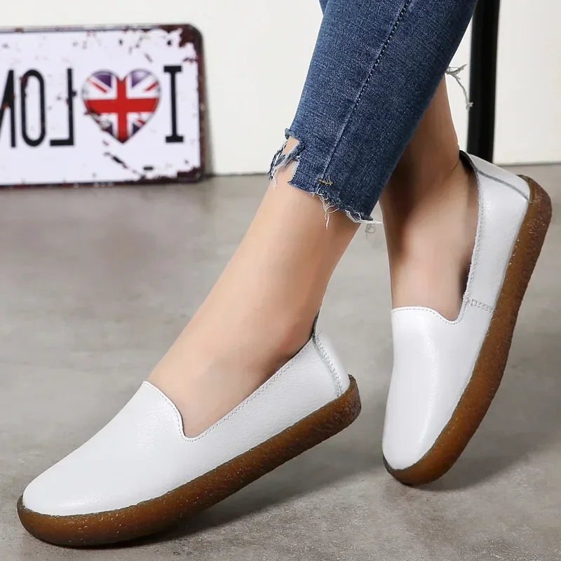 Flats Women Shoes Loafers Genuine Leather Woman Flats Slip On Women\'s Loafer Female Moccasins Shoe Plus Size 35-43