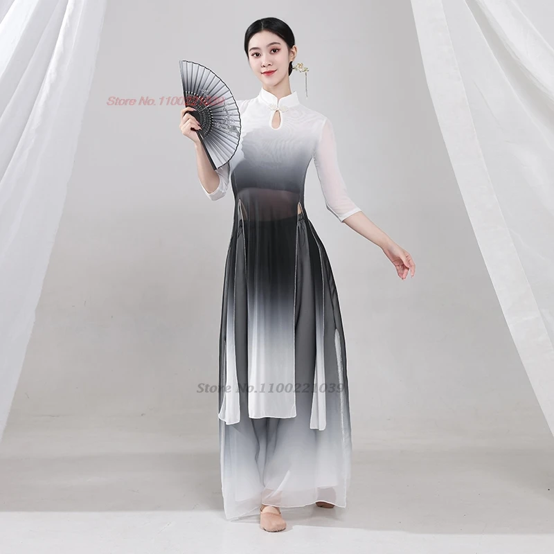 2025 الصينية خمر ملابس رقص الشعبية التدرج اللون شبكة hanfu بلايز + فستان أطفال مع سروال داخلي خمر فستان من الشيفون مرحلة الأداء الرقص