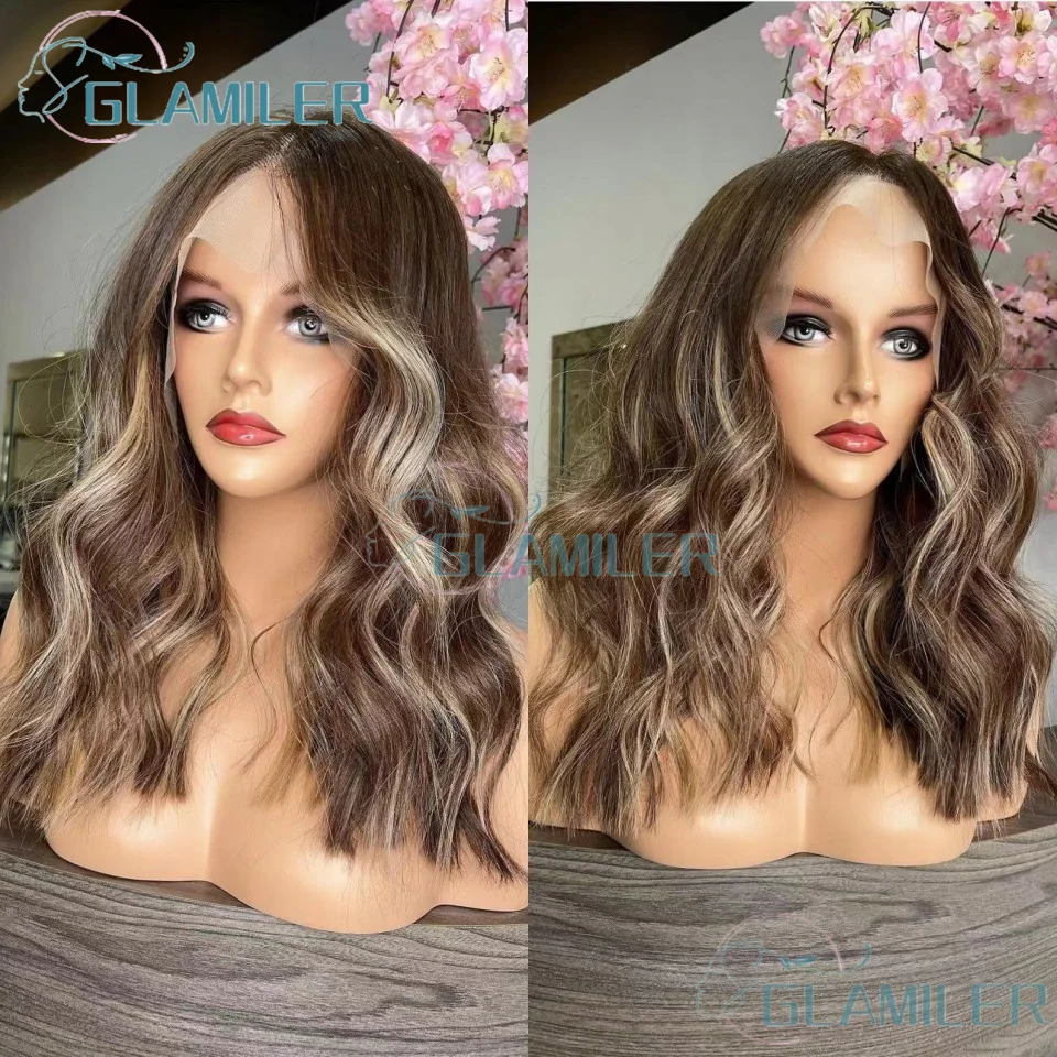 

Full End Brown Blonde Balayaga Wavy Highlight 13x4 Silk Top Lace Front Human Hair Wigs #27 Light Blonde Wave 360/Full Lace Wigs