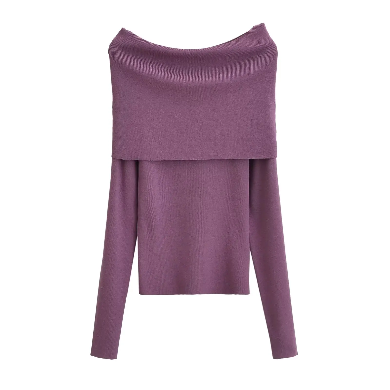 เสื้อไหมพรมแขนยาวเปิดไหล่ทรงเข้ารูปสำหรับผู้หญิง สไตล์วินเทจลำลอง ดีไซน์เปิดไหล่ข้างเดียว ให้ความรู้สึกอ่อนโยน