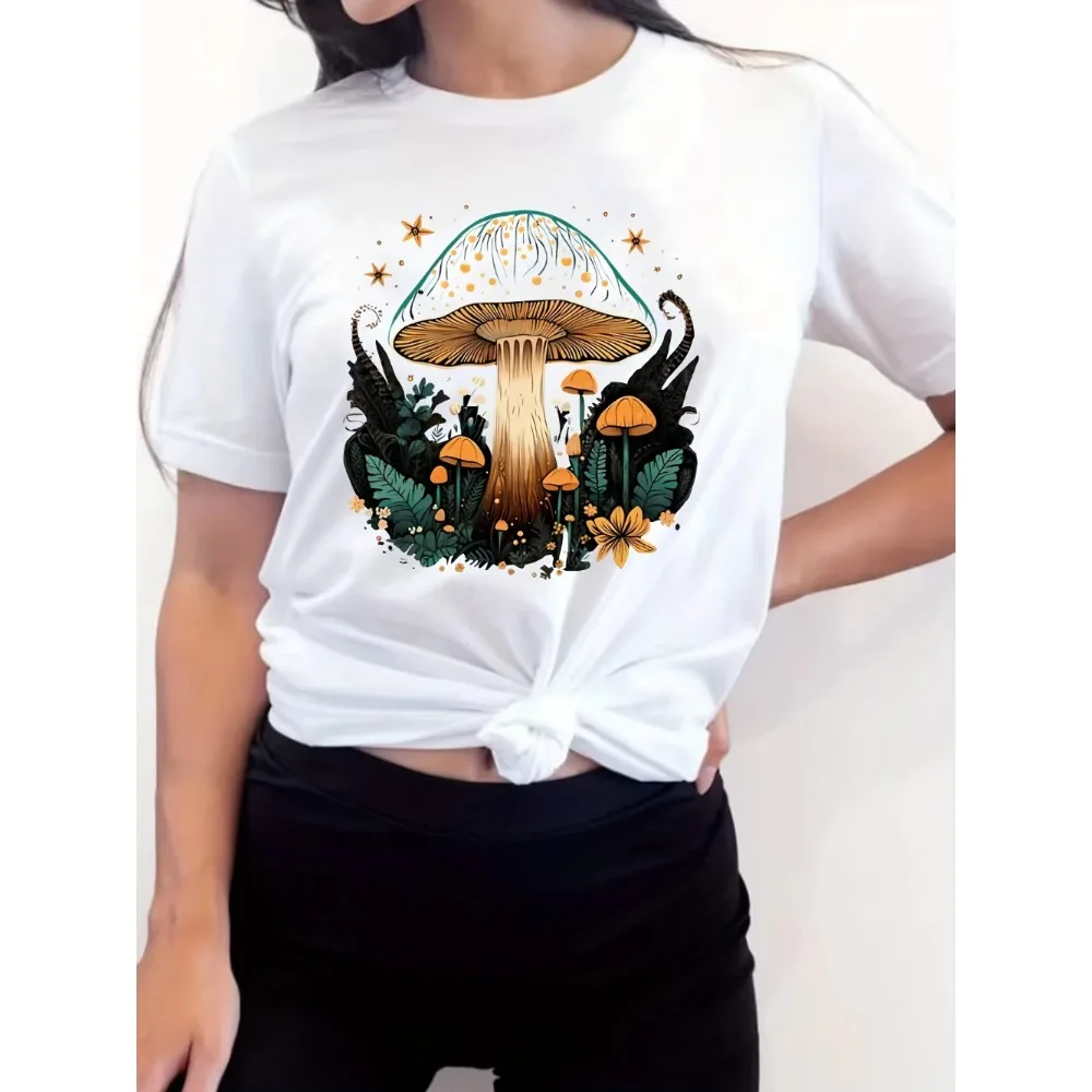 Women Men Whimsical Mushroom Forest T-shirt - Enchanted Design Casual Black Top Women Clothing Fashion Summer Streetwear Y2K Top