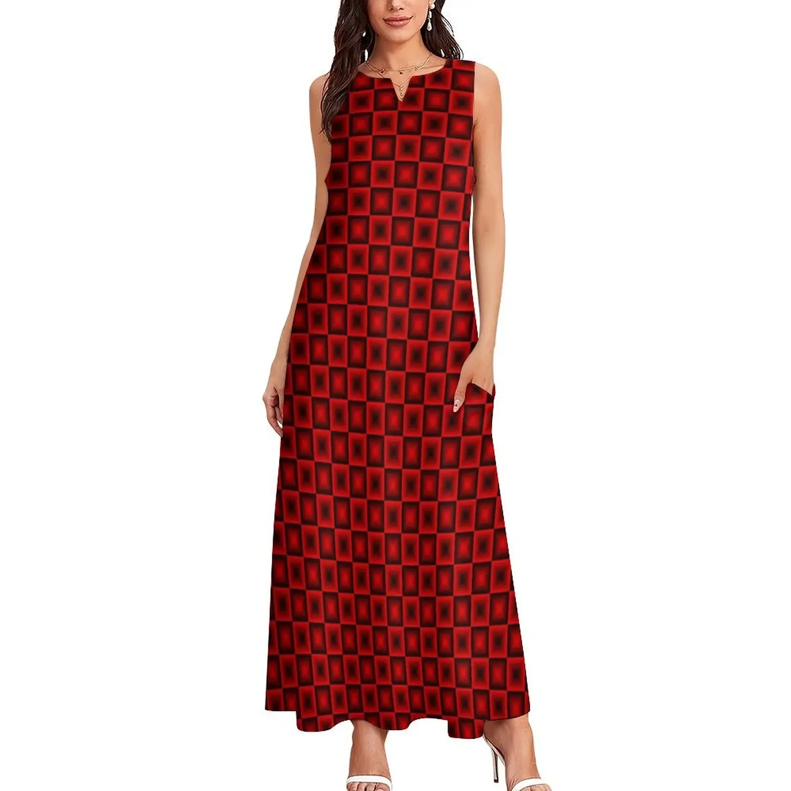 Red Black Plaid Dress Summer Checkerboard Street Wear Bohemia Long Dresses Woman Graphic Sexy Maxi Dress Big Size 3XL