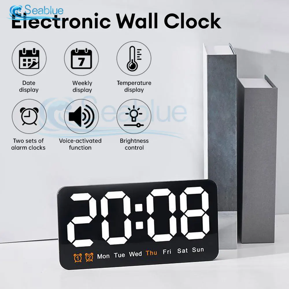 Electronic Wall Clock Temperature Date Display Table Clock Wall-mounted Digital LED Alarm Clocks for Home 12/24H Voice Control