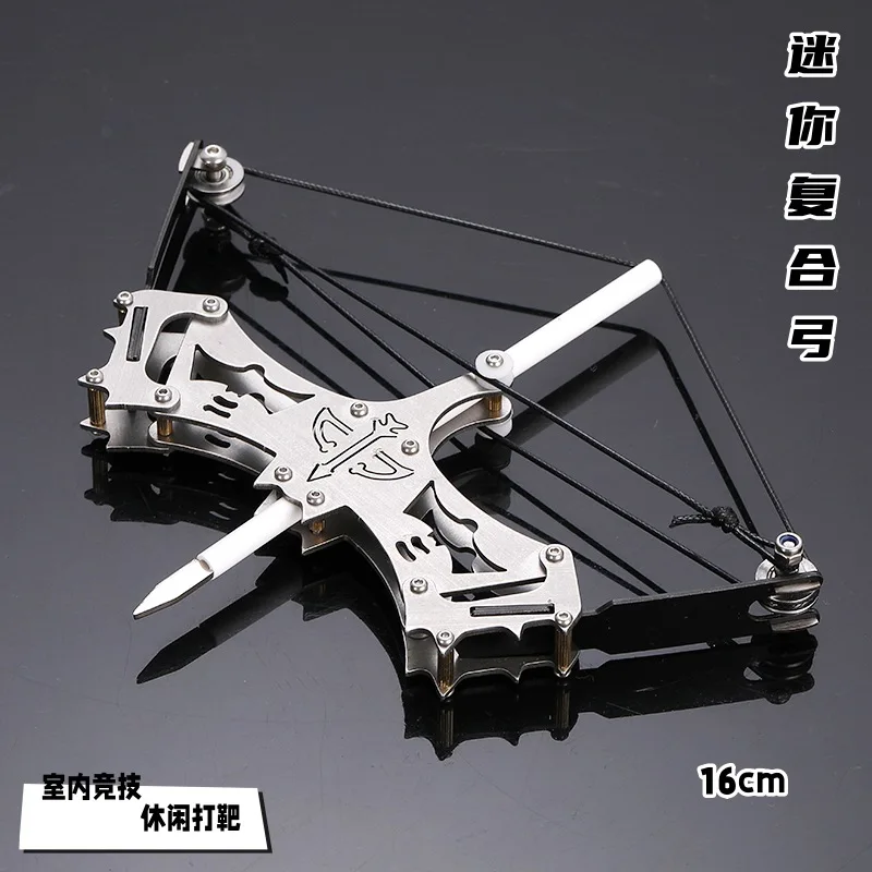 Mini arco y flecha plateado Universal de acero inoxidable de 4,5 pulgadas, Mini arco recurvo compuesto, juguete de tiro para deportes al aire libre, forma de pájaro