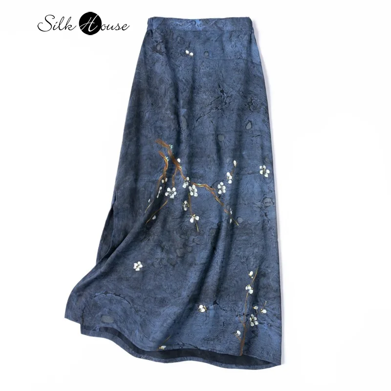 

2024 Women's Fashion Summer New Ancient Method Hand Painted 100% Natural Mulberry Silk Fragrant Cloud Yarn Split Wrap Hip Skirt
