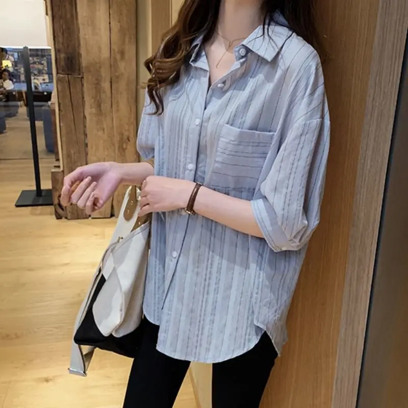 

Fashion Woman Blouses 2024 Cotton Long Sleeve Shirt Tops Women Blouse Shirts Striped Top Korean Vintage Women's Q425