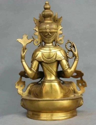 Patung Beruntung Avalokitesvara Perunggu Tibet Kuan-yin Buddha Tua Yang Langka dan Bersenjata Empat