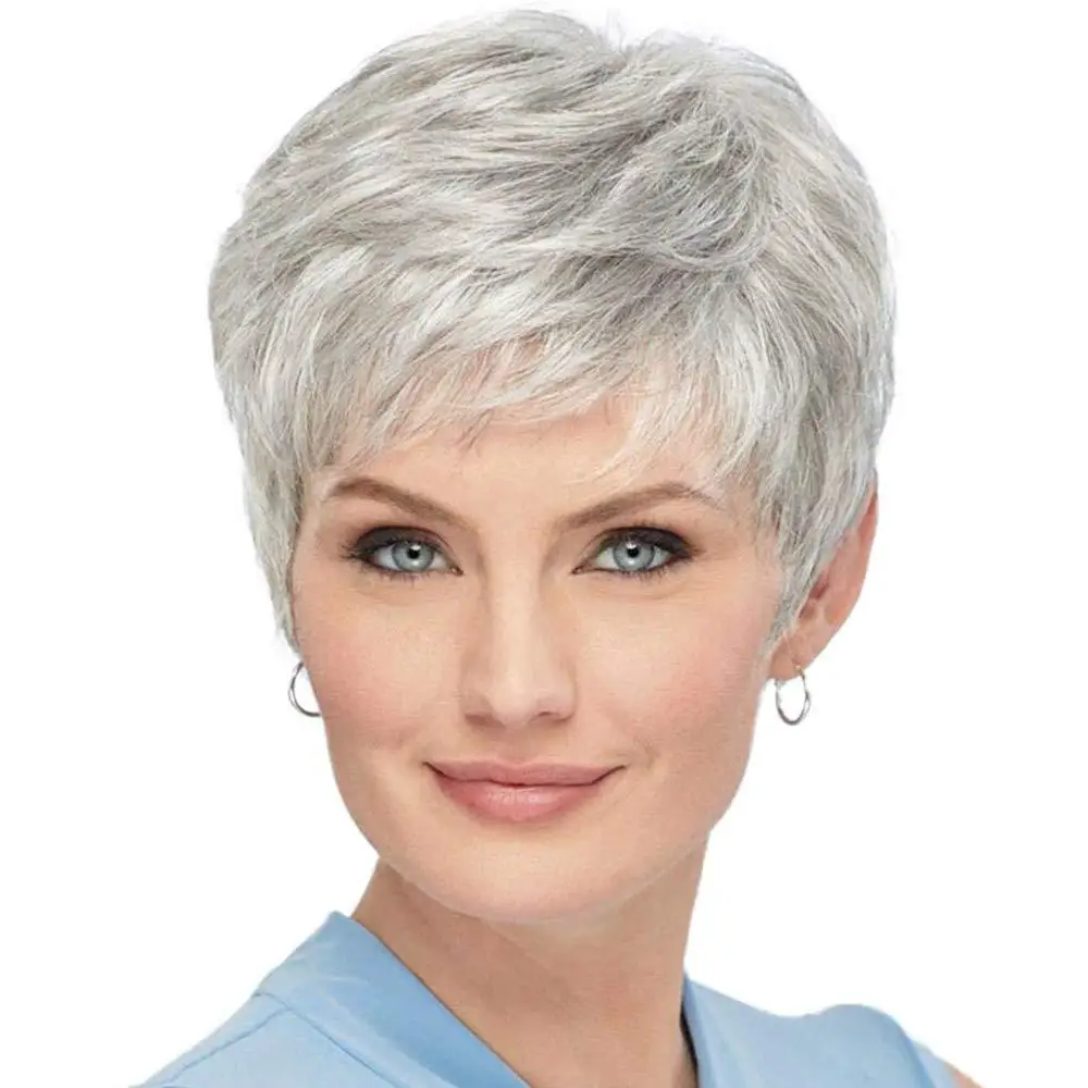 Silver And White Short Elf Cut Synthetic Wig Women Skew Bangs Micro Curly Wig Daily Party Natural Heat Resistant Full Head Cover