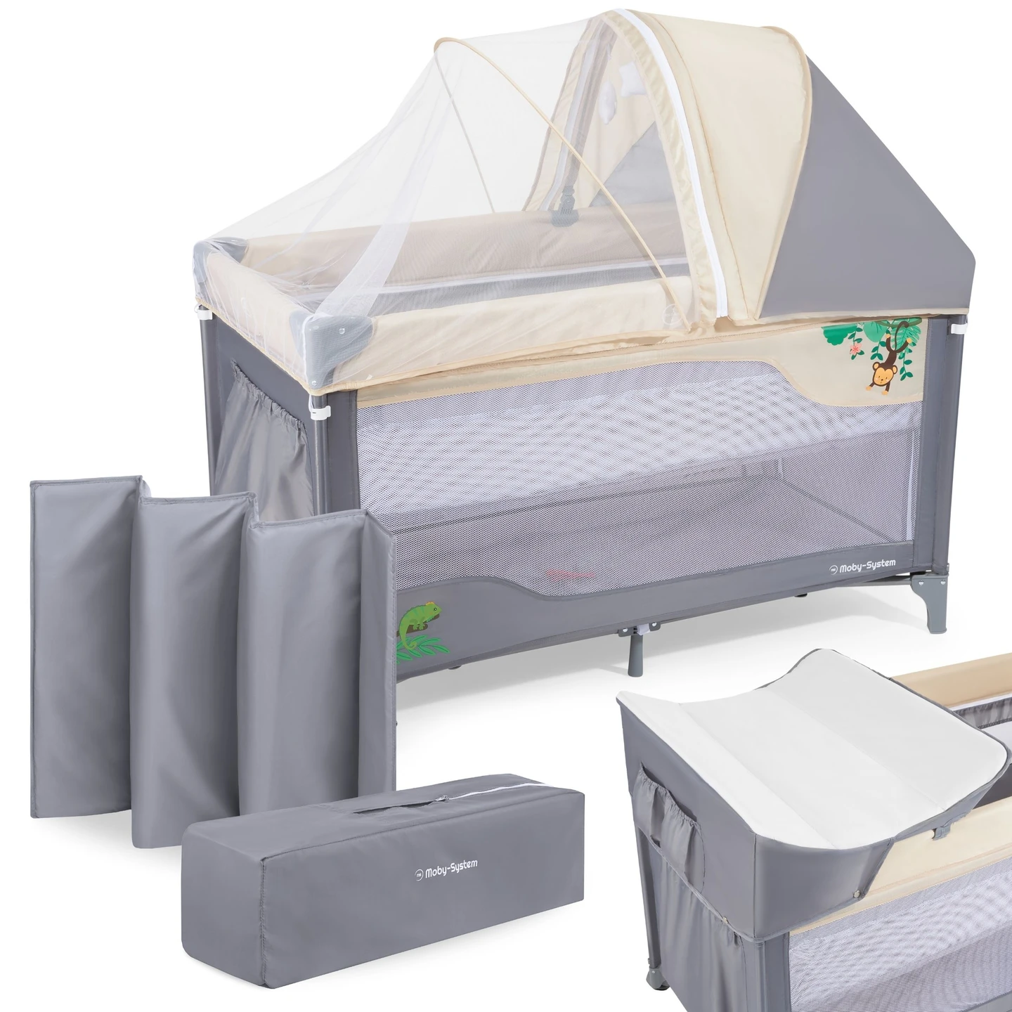 Cuna de Viaje Moby-System HUXLEY, Silla de Bebé con 2 Mosquiteros Horizontales Plegables, 0-36 Meses