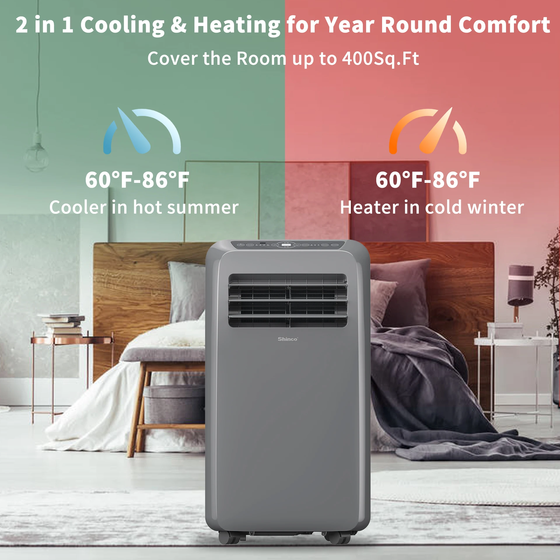 Shinco Grey Portable Air Conditioner Heater and Cool , Ac Heater Combo Window Unit, Portable AC Unit with Dehumidifier & Fan, Cools & Heats,Remote Control and Window Kit