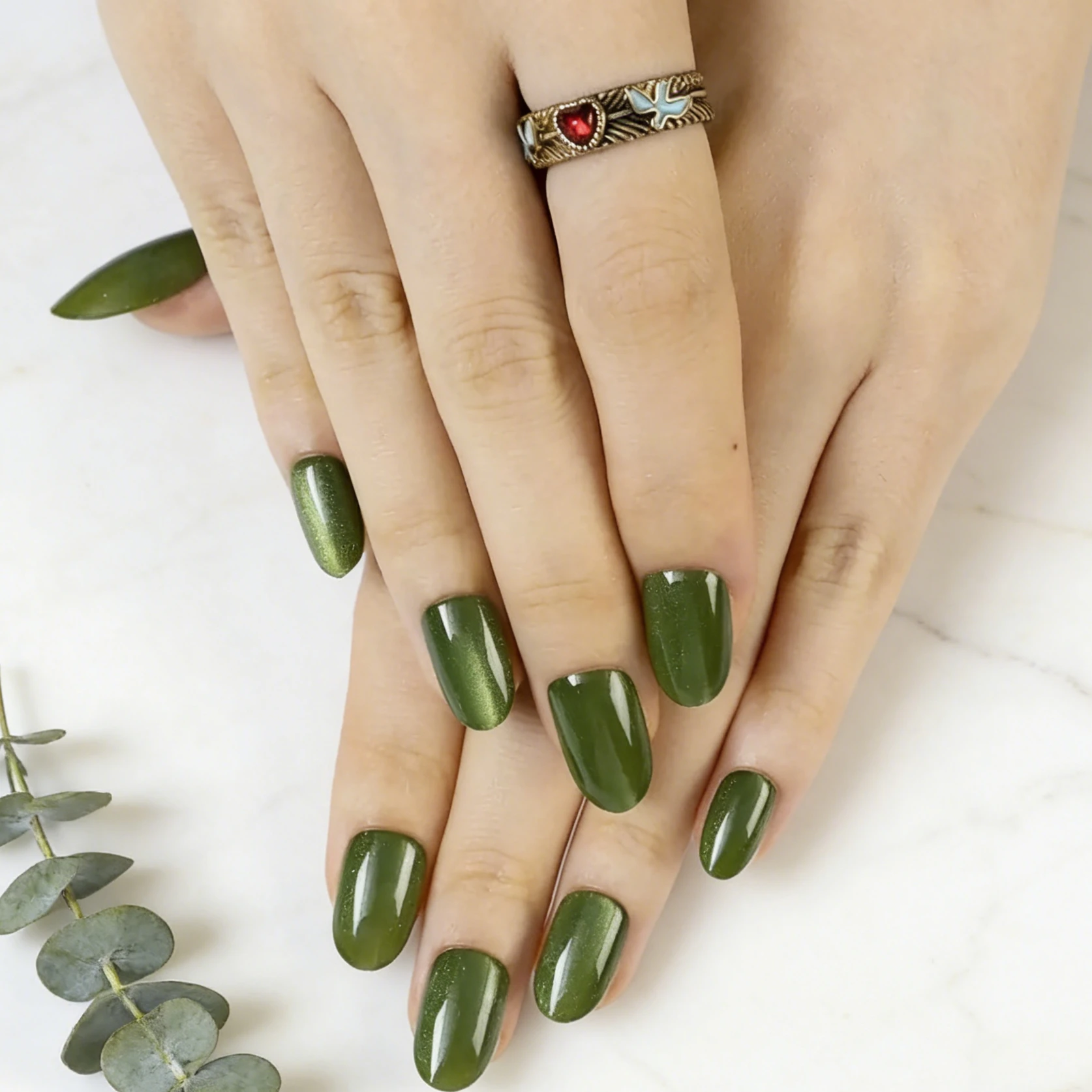 

24 шт. зеленых накладных ногтей с эффектом кошачьего глаза, овальные, глянцевые, многоразовые, без клея, для женщин, на каждый день и для вечеринок