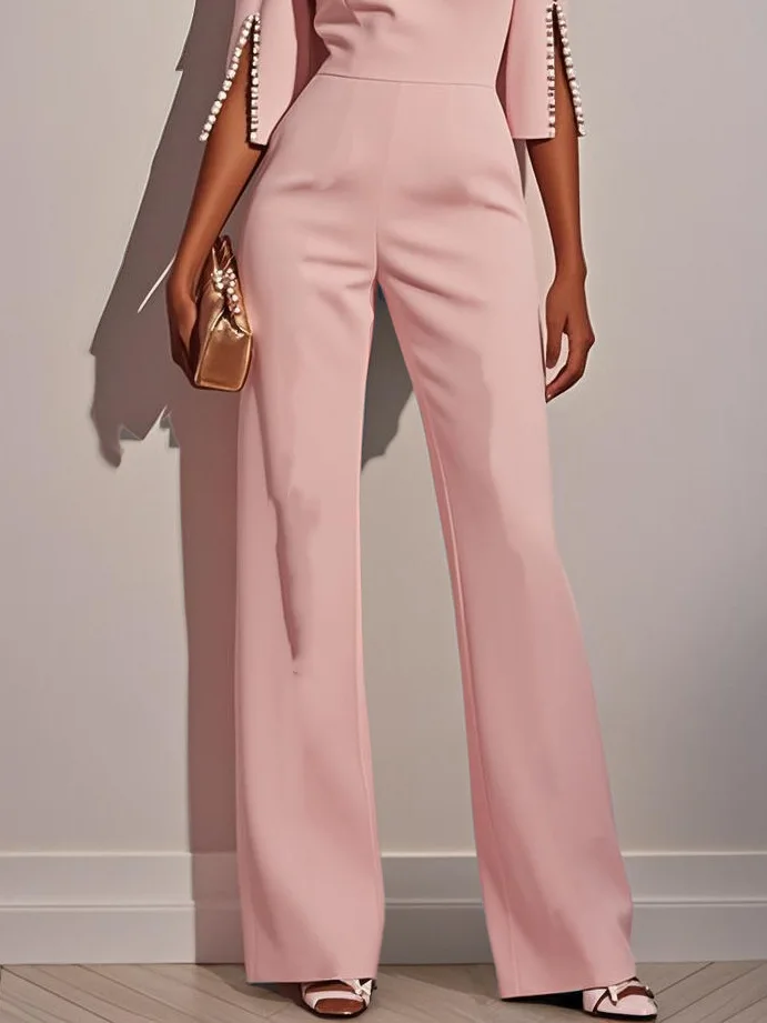2025 Women's Jumpsuits Beaded Decorative Slim Trousers Three-quarter Sleeves Office Evening Pink Fashion Business Playsuit