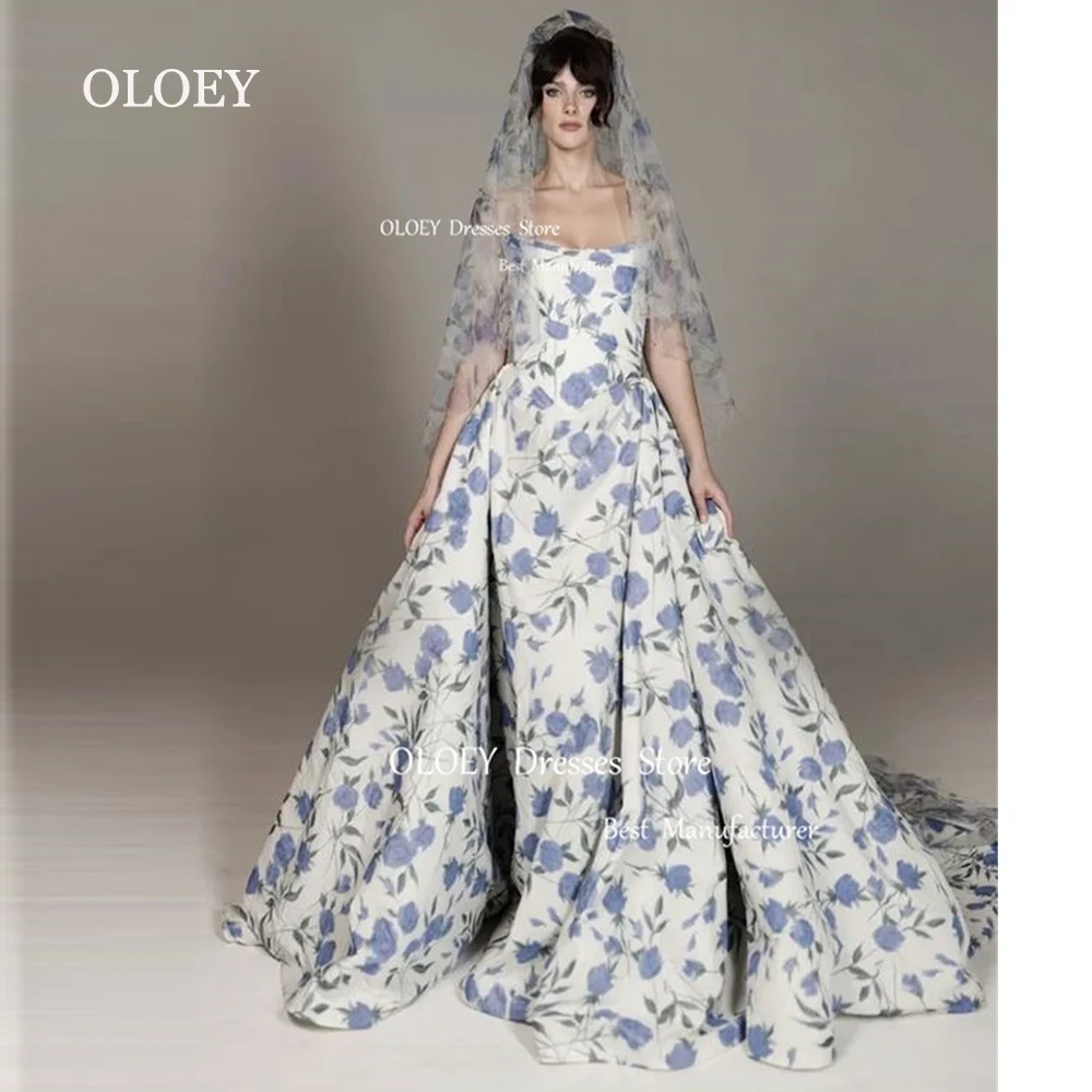 OLOEY-elegante Vestido de satén con estampado de flores púrpuras, longitud hasta el suelo, sin tirantes vestido de novia, cremallera trasera, hecho a medida