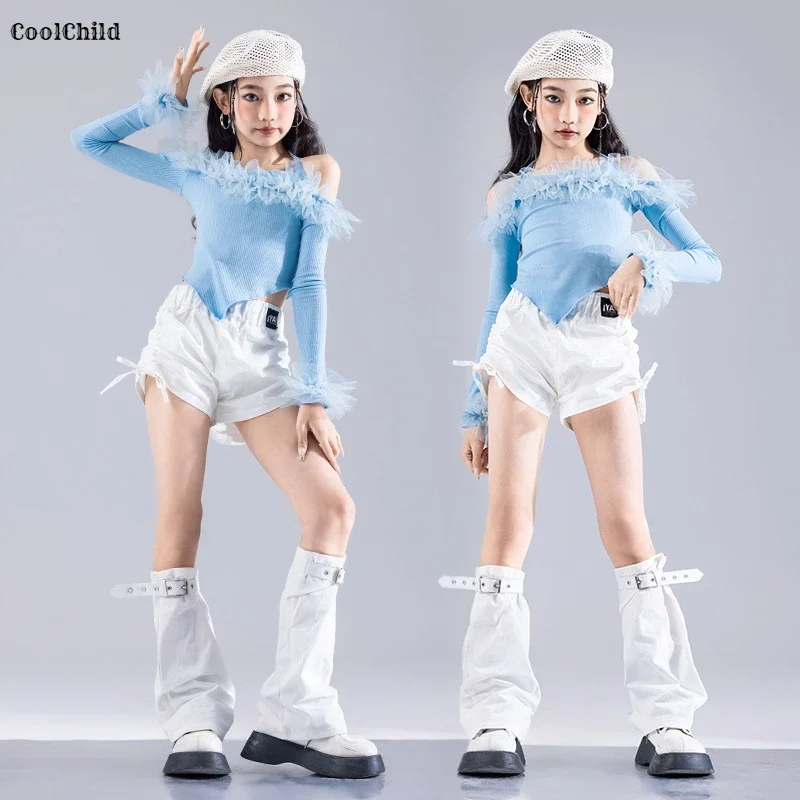 Girls K-pop Elegant Crop Top Cargo Pants Children Hip Hop Jazz Dance Shorts Kids Sweet Streetwear Costume Princess Clothes Sets