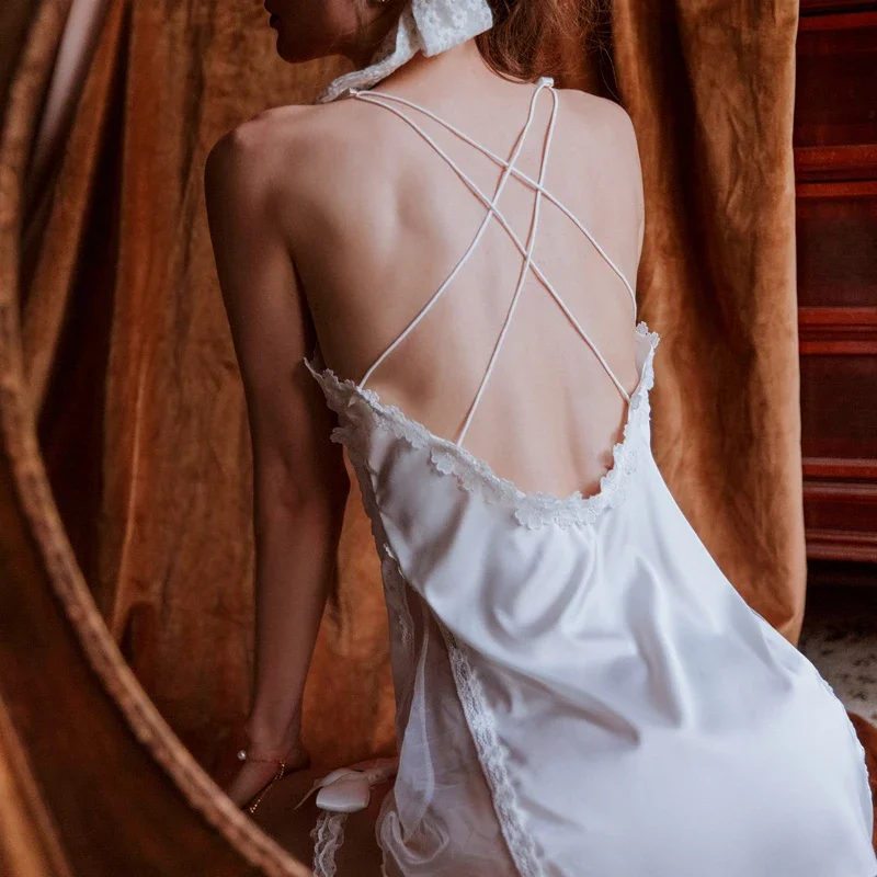 여성용 뷰티 백 백리스 레이스 잠옷, 사이드 오픈 메쉬 V넥 실크 잠옷, 스트랩 잠옷, 섹시 잠옷, 여름