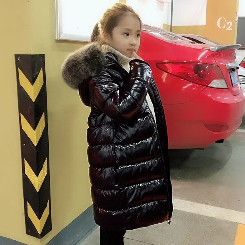 

Real Big Fur Winter Jacket Girls Hooded Down Parkas Knee Length Glossy Boys Warm Coats Bright Surface Children Outwear TZ458