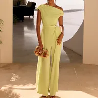 Women Elegant Personality Solid Chiffon Playsuit Sexy Skew Collar Asymmetrical Party Jumpsuits Casual Short Sleeve Draped Romper - Image 5