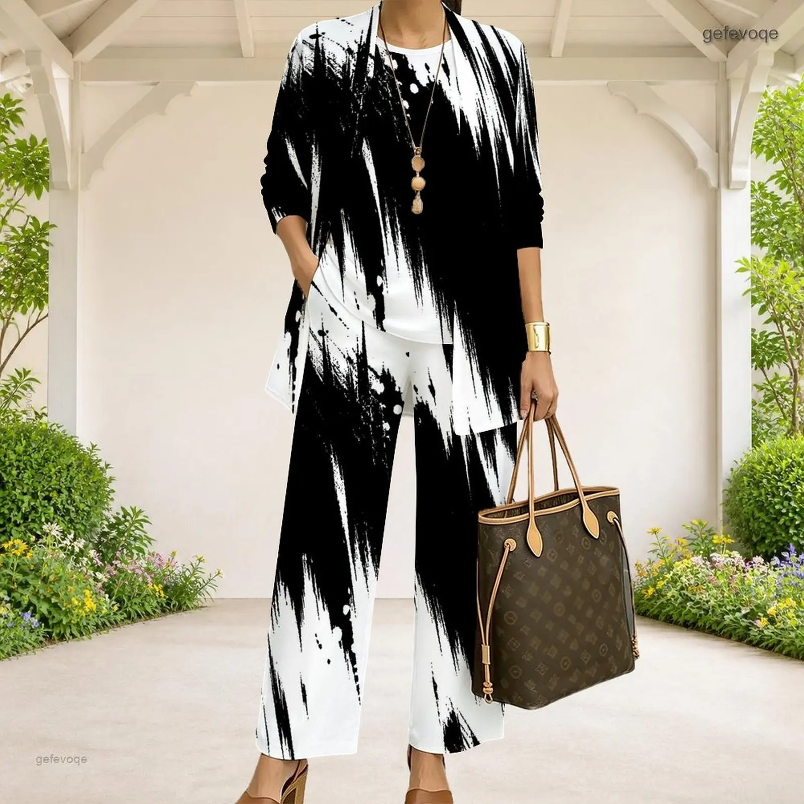 Women Black White Abstract Geometric Printed Long Sleeve Open Front 3 Piece Pants Set - view 3