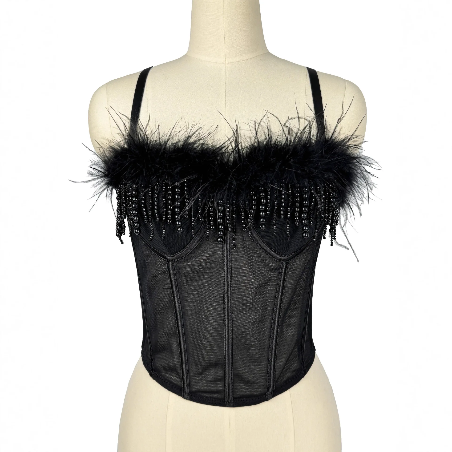 Pearl & Feather Corset Bustier, Sexy Fringe Backless Top for Stage Performance, Winter Evening Wear Elegant Bustier for Women