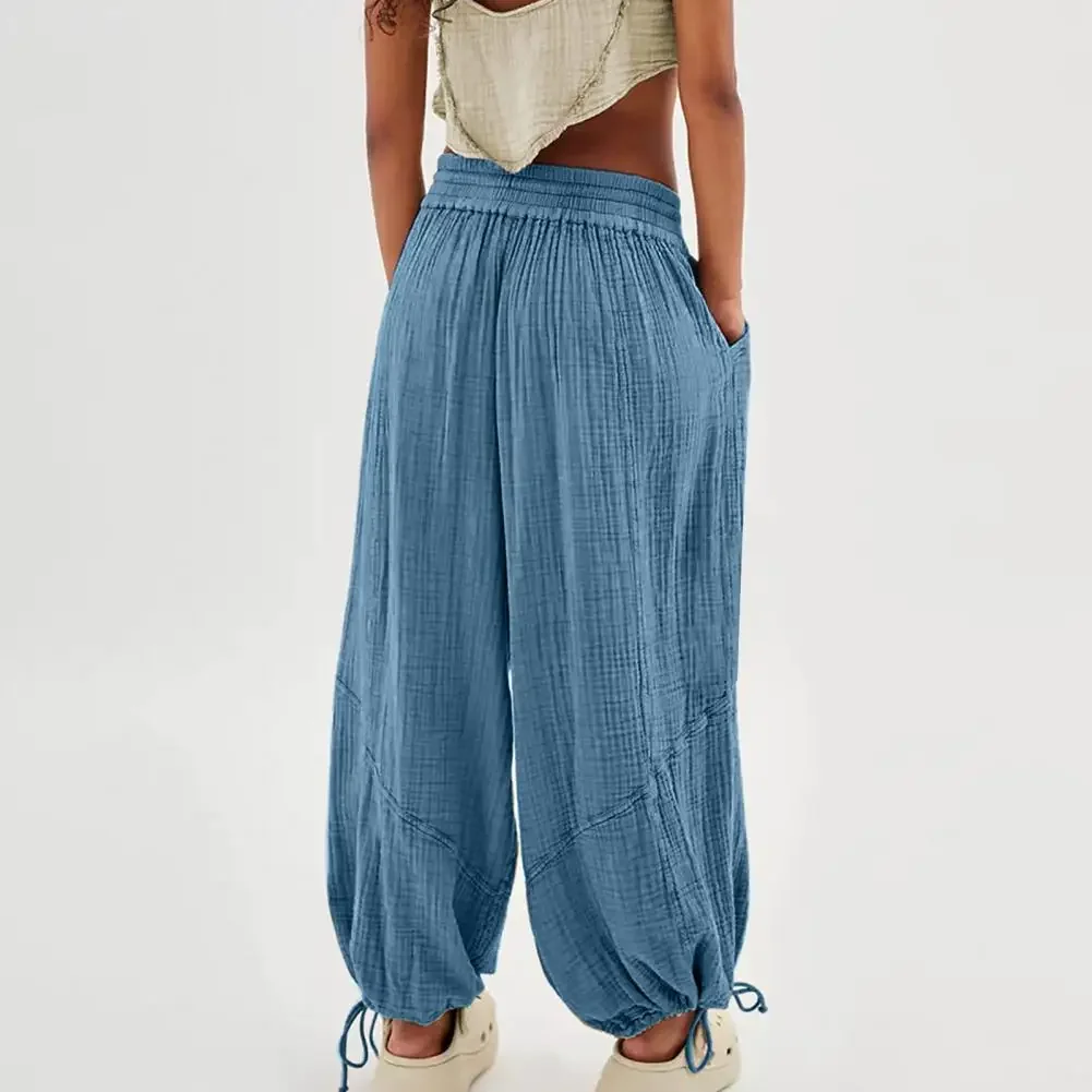 

Women Harem Pants Summer Casual Vintage Cotton Linen Pants Elastic Waist Wide Leg Fashion Loose Pockets Female Trousers S-5XL