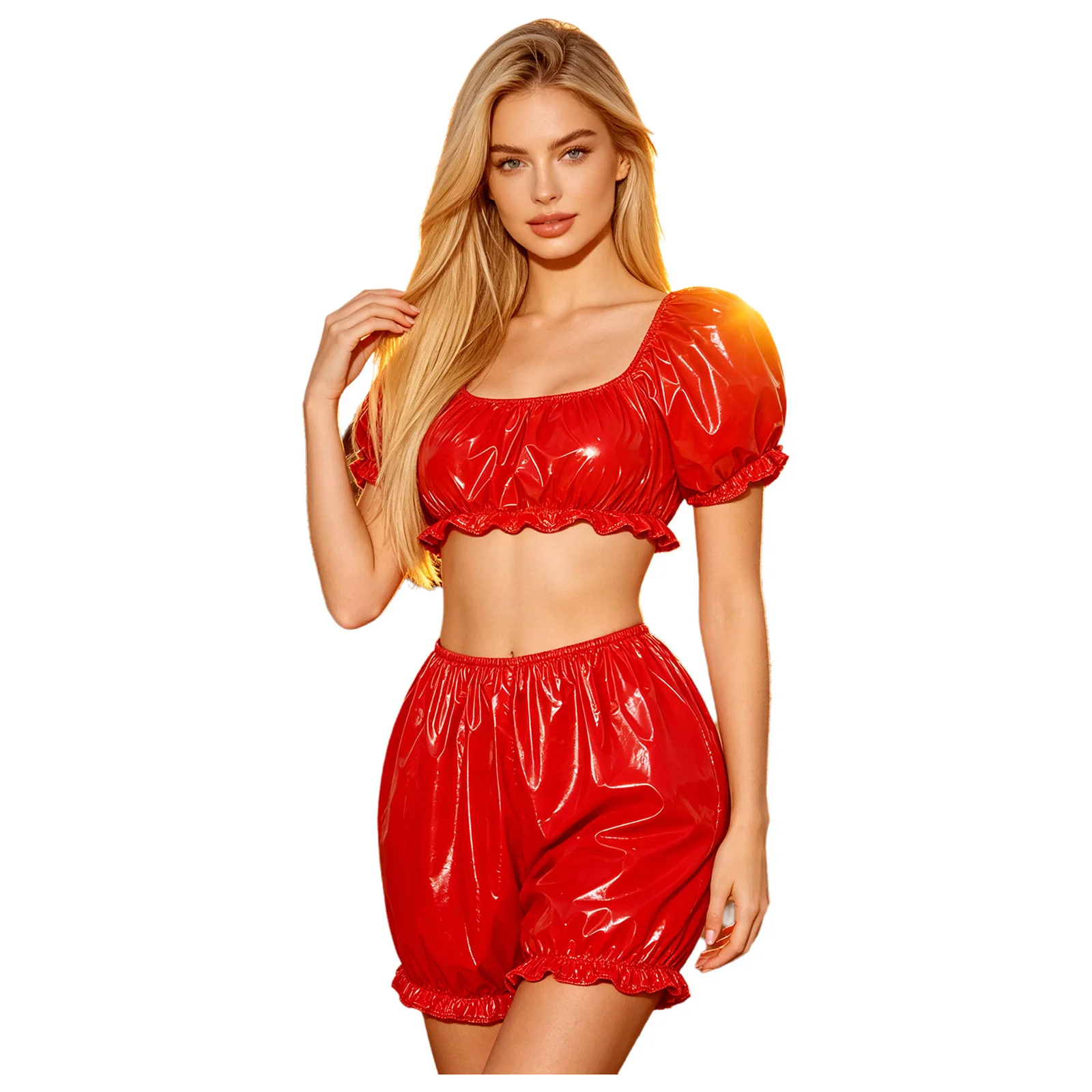 Wasserdichtes Damen-Pyjama-Set aus Vinyl mit Rüschen, zweiteiliger Badeanzug, kurzes Crop-Top mit Puffärmeln und V-förmige Bloomers-Shorts mit Taillenbund – Detail 6