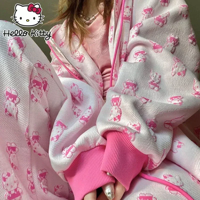 Sanrio Hello Kitty Women Hoodie Sweater Set Sweatpants Two Pcs Y2k Embroidery Sexy Fashions Top Jackets Clothing Velvet Set Gift