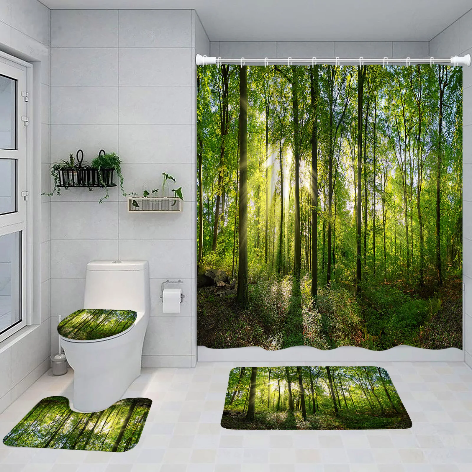 Imagem -02 - Floresta de Nevoeiro de Chuva Conjunto de Cortina de Banho Árvores Natureza Cachoeira Banheiro Decorações Modern Bath Mat Tapete de Casa Tampa do Toalete