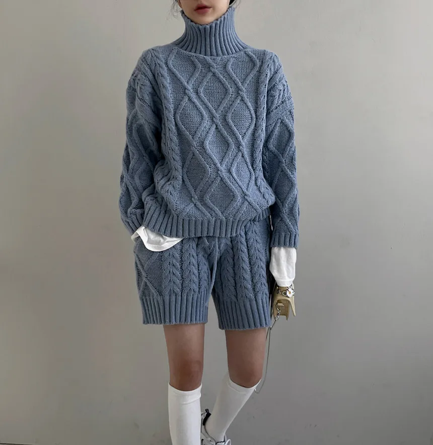 Women Turtleneck Solid Plaid Sweater+Waist Elastic Twists Knit Shorts 2023 Autumn Winter New Casual 2 Piece Set 16U3937