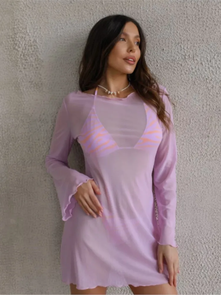 Mode Sexy maille transparente plage couvrir Mini Robe femmes léger Robe de Bikini avec manches cloche maillot de bain d'été vacances