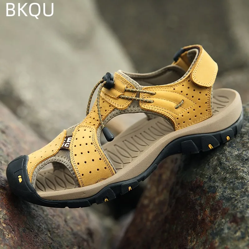 

Сандалии мужские Нескользящие, дышащие пляжные туфли на платформе, круглый носок, взрывобезопасные, плоская подошва, модная летняя обувь, большие размеры