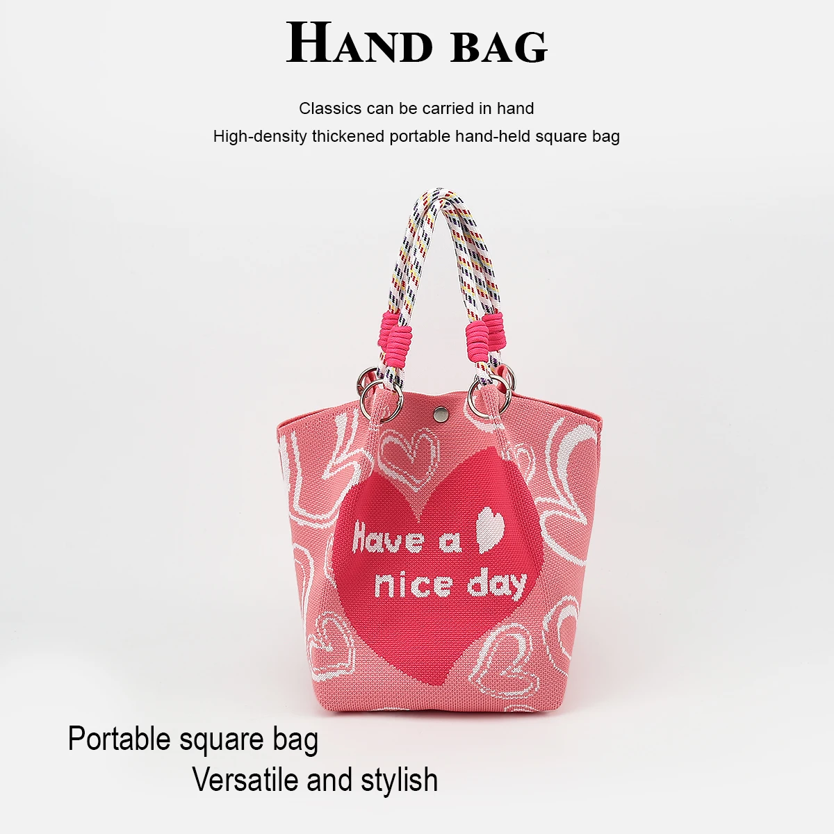 1 piece of knitted handbag, featuring romantic heart elements, large capacity to hold a phone, books, water bottle, and cosmetics, suitable for daily commuting, shopping, taking photos, traveling, and commuting. It has