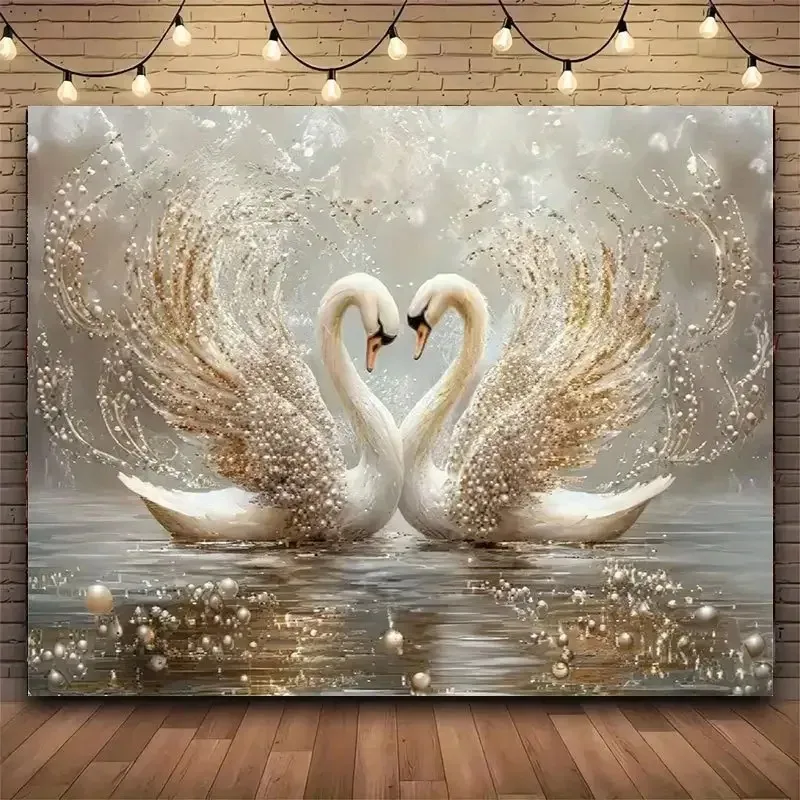 1 Cisne Encantador - Elegantes Cisnes Blancos Con Alas Doradas, Arte Pared Con Escena AcuáTica Serena, Tela Polié