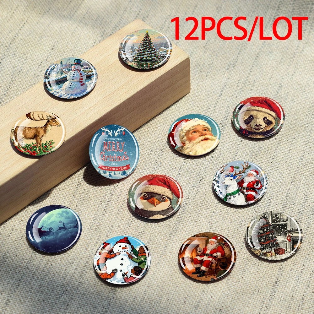 12PCS Christmas-themed circular magnetic fridge magnets, suitable for attachment to metal surfaces and ideal as Christmas gifts.