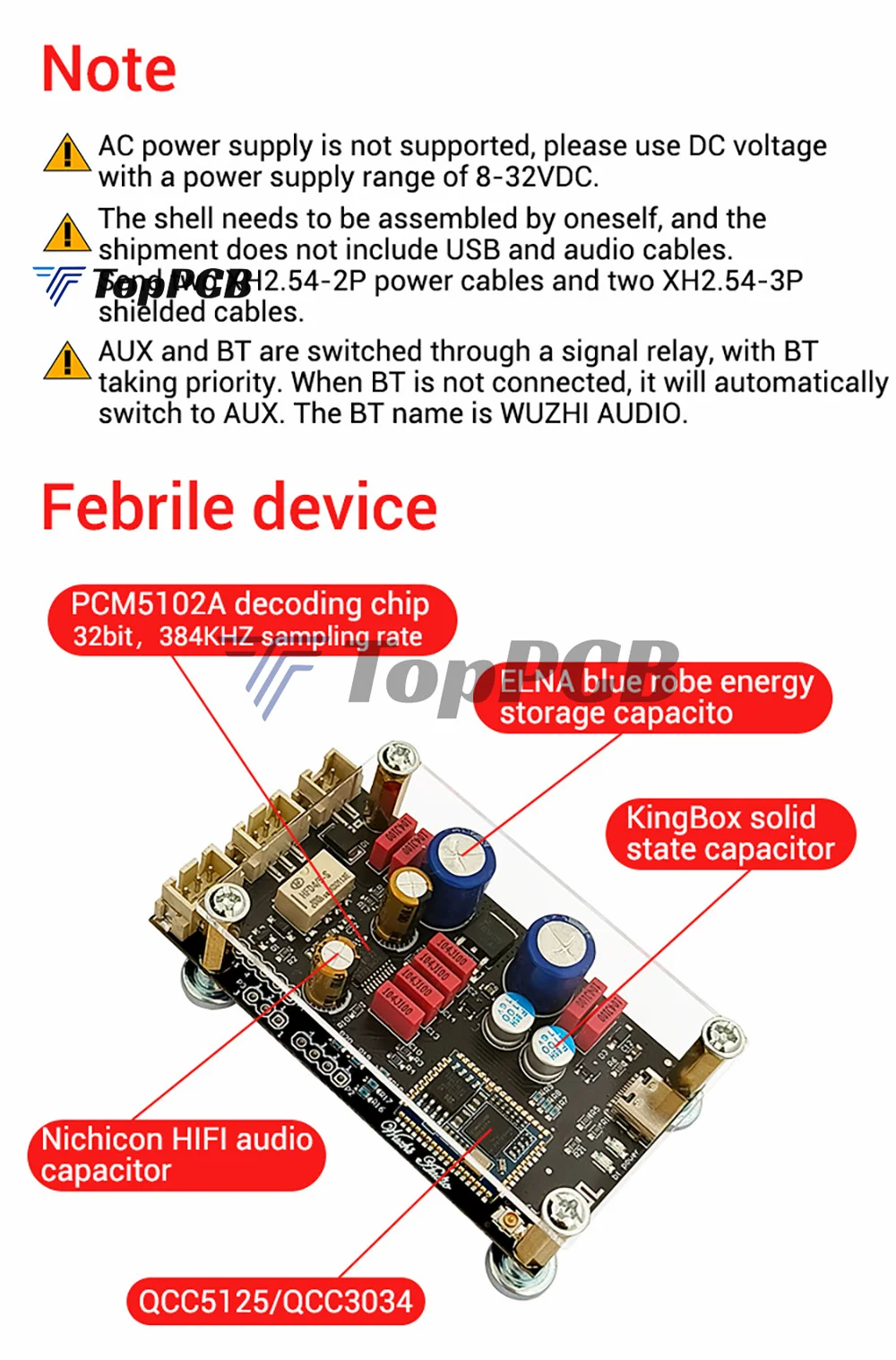 QCC5125 QCC3034 Bluetooth 5.1 Lossless Decoding Board DC 8-32V Type-C AUX APTX LDAC Onboard Antenna Decoder with Acrylic Case