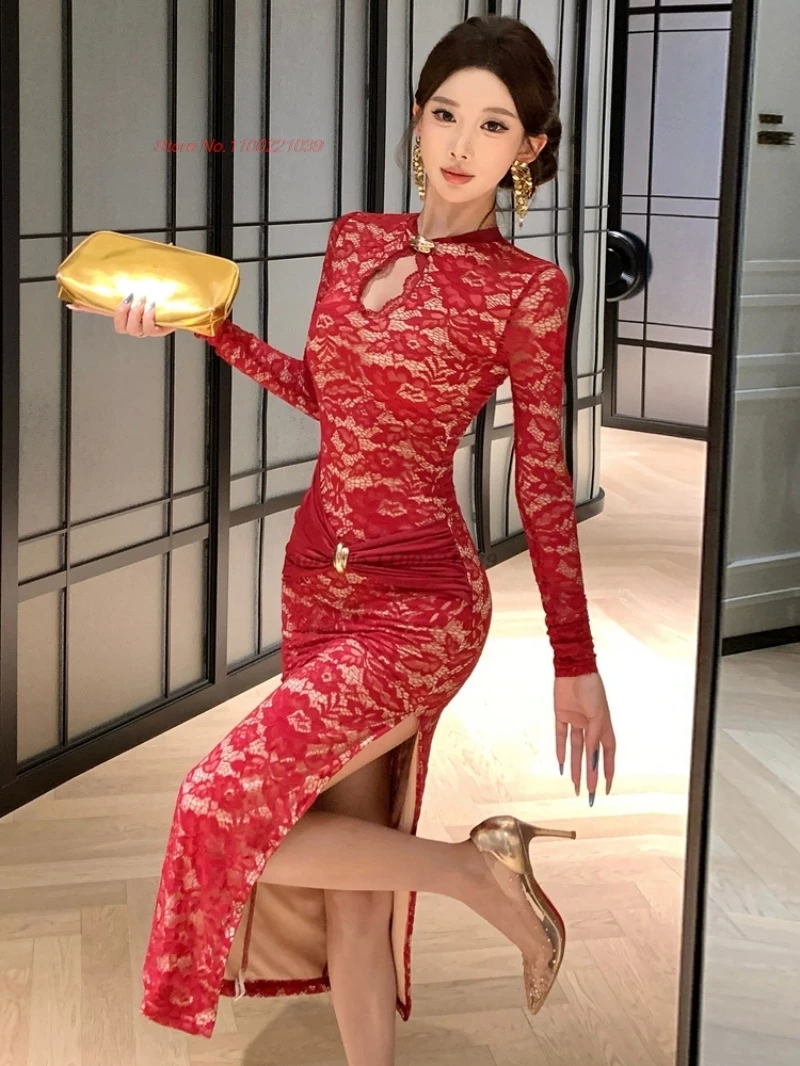 

2025, восточное сексуальное платье для ночного клуба, улучшенное Cheongsam, традиционное кружевное платье Ципао с цветком, облегающее банкетное вечернее платье, платье
