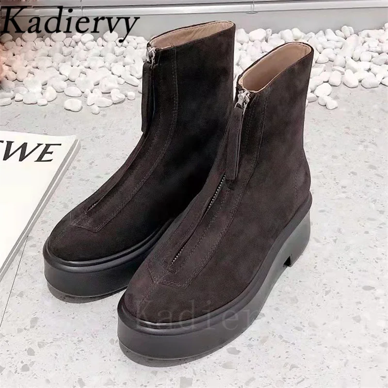 Hot Sales Motorcycle Boots Woman Round Toe Front Zipper Ankle Boots Flat Platform Shoes Women Suede Leather Short Boots Women