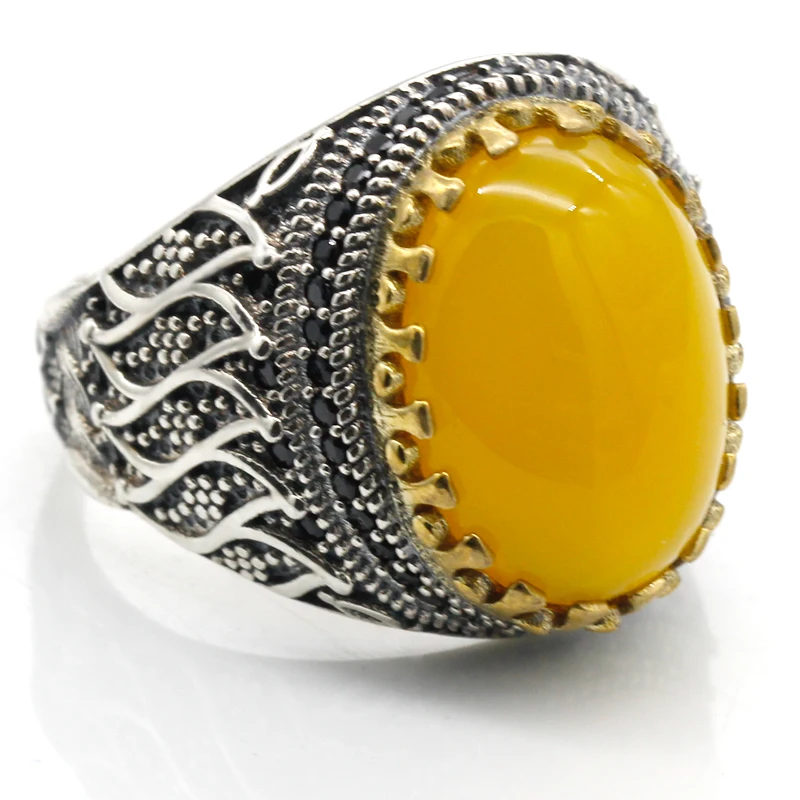 New Hot Selling 925 Sterling Silver Ring men's Yellow Agate Ring Unisex Ring men's Senior Jewelry set Lovers Ring Woman For Ring