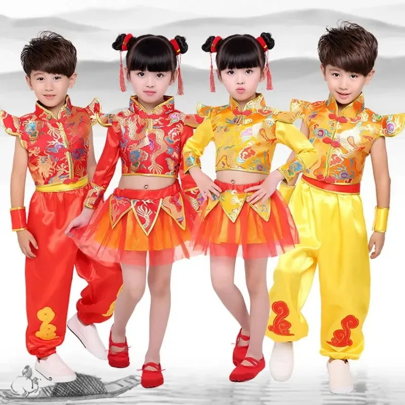 Chinese Traditionele Nieuwjaarskostuums Draak En Leeuw Dans Kinderen Kleding Set Rood Kungfu Wushu Uniform Tang Pak Hanfu