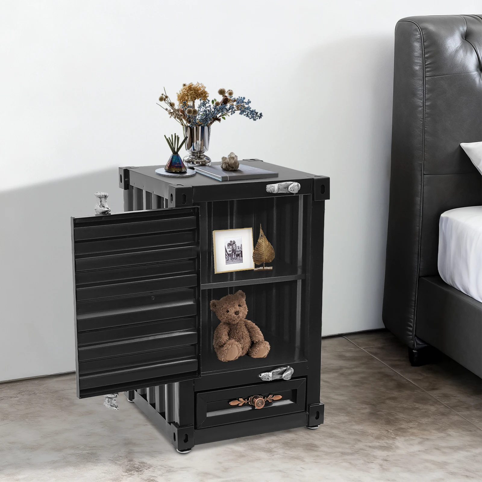 

3-Tier 32*32*50cm Industrial Metal Container Side Table Floor Standing Black Container Cabinet with Foot Pads