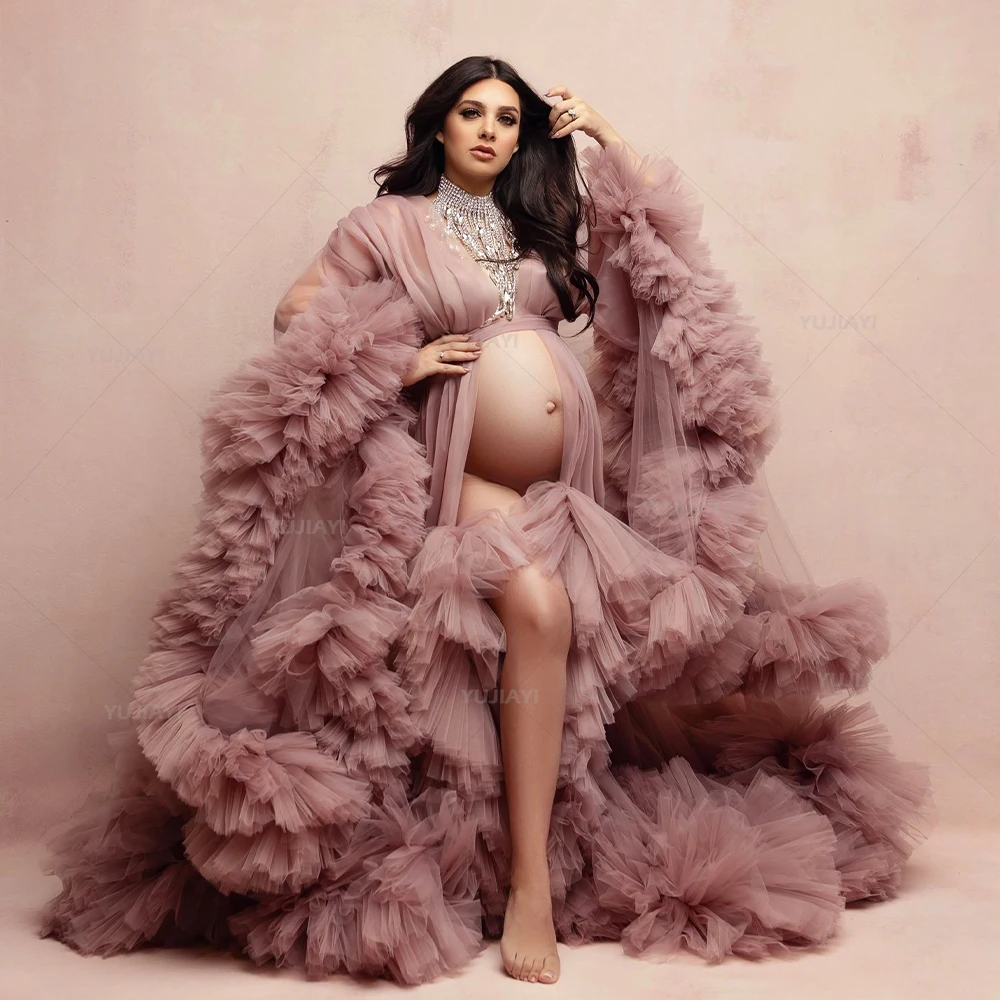 Maternity Dresses for PhotoShoot Gown Ruffled Tiered Customized Pregnant Women Tulle Robe Prom Party Bridal Sleepwear Nightwear