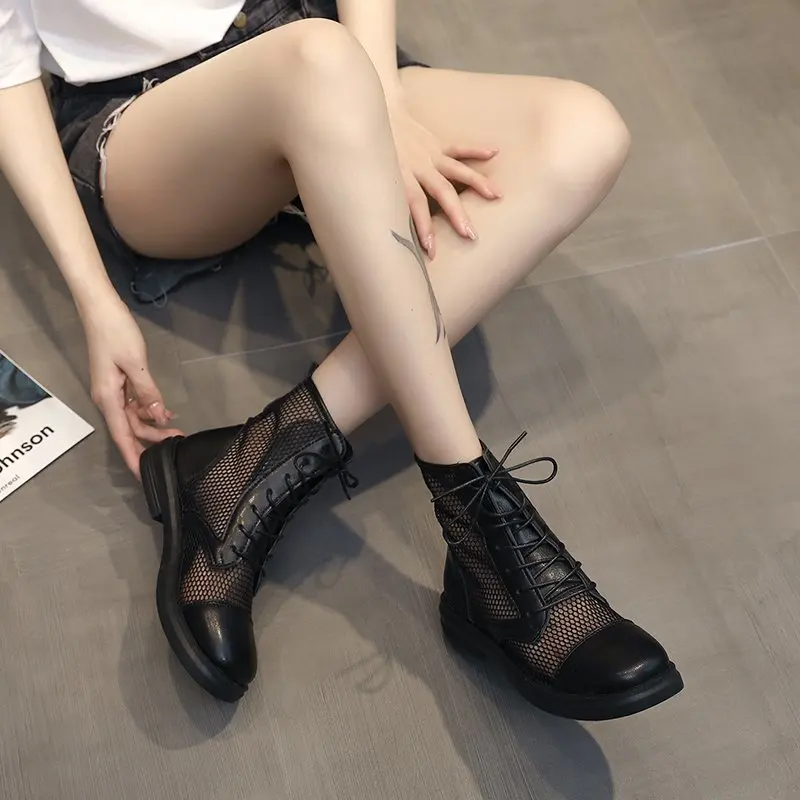 Summer Breathable Mesh Ankle Boots for Women Fashion Black Beige Lace Up Casual Shoes Woman Flat Platform Square Toe Cool Boots