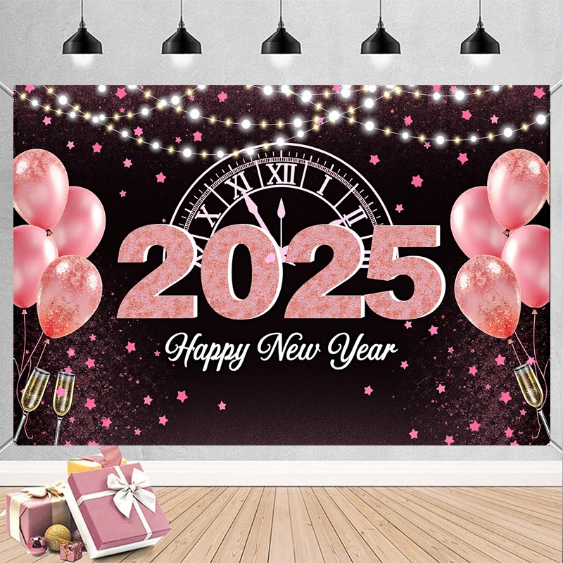 2025 Happy New Year Theme Party Background Clock Pink Balloons Family Party Banner Decoration Photography Background