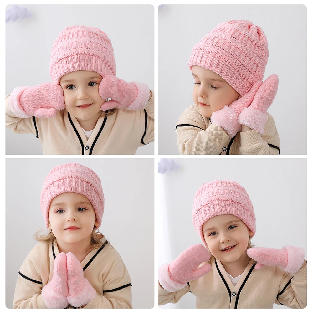 Children's hat and glove two-piece set Boys' and girls' Fleece knitted caps and gloves kids Small round hat + glove set