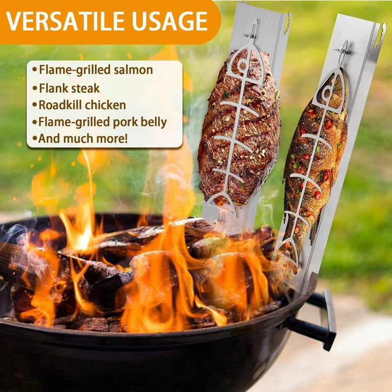 

Salmon Holder,304 Stainless Steel Flat Cooking Rack Height Adjustable Outdoor BBQ Cookware for Grilling Fish Retail