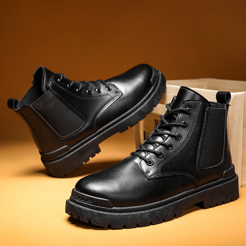 

Fashion Black Men's Leather Boots Outdoor Men Casual Boots Winter Shoes Designer High Top Non-slip Ankle Boots Motorcycle Shoes