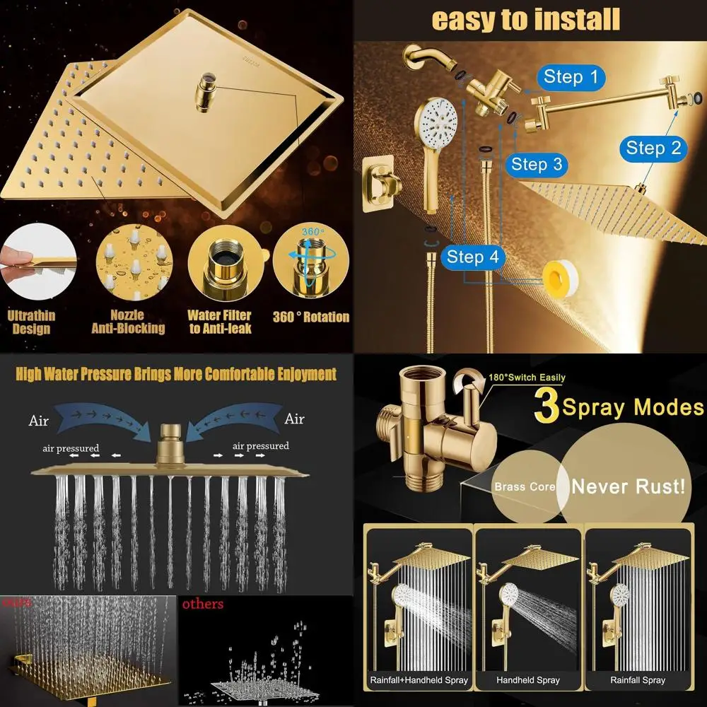 

8 High-Pressure Rain Shower Head with 6-Setting Handheld, 78 Leak-Free Hose, 11 Extendable Arm, Gold